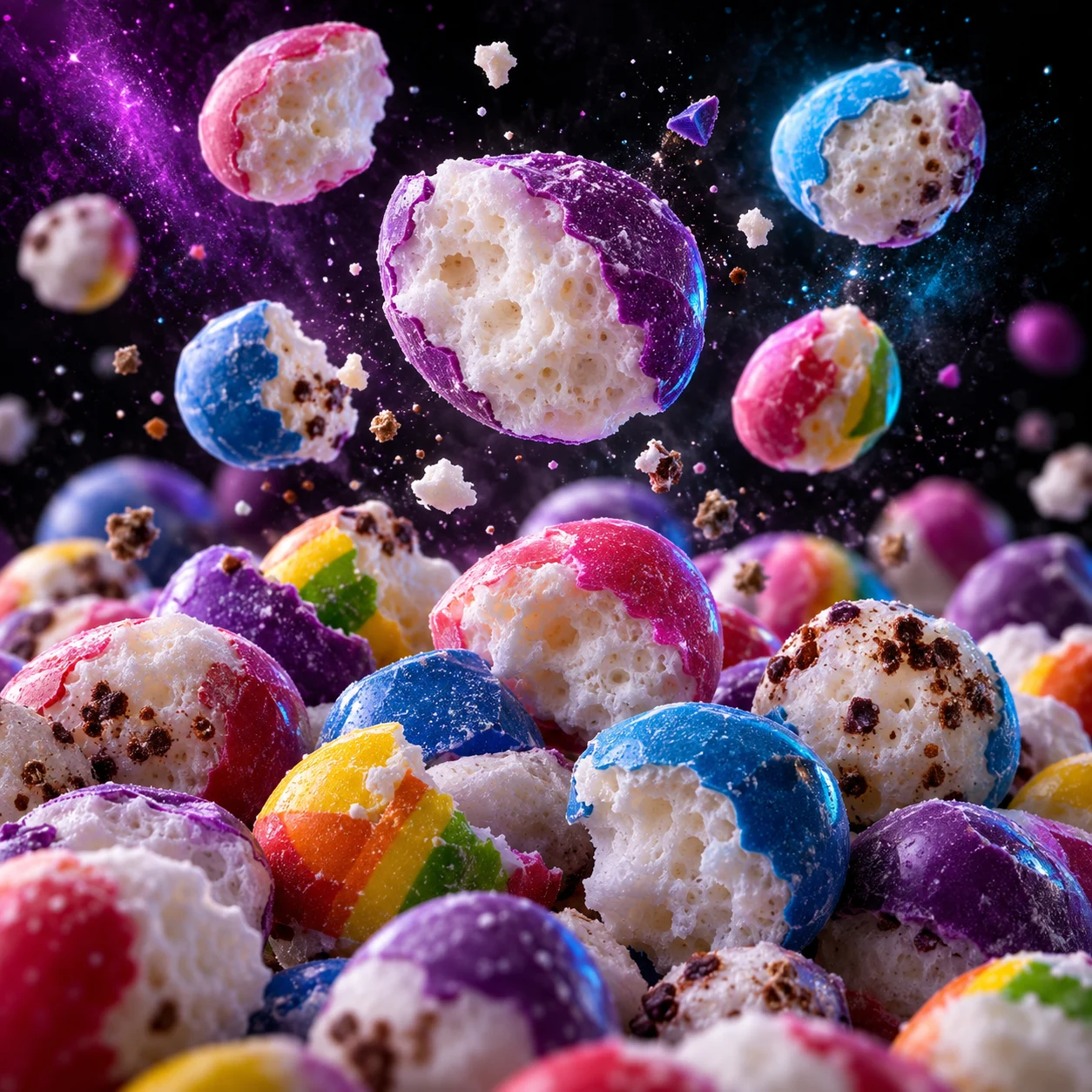 Illustrated freeze-dried candy floating in a colorful cosmic cloud